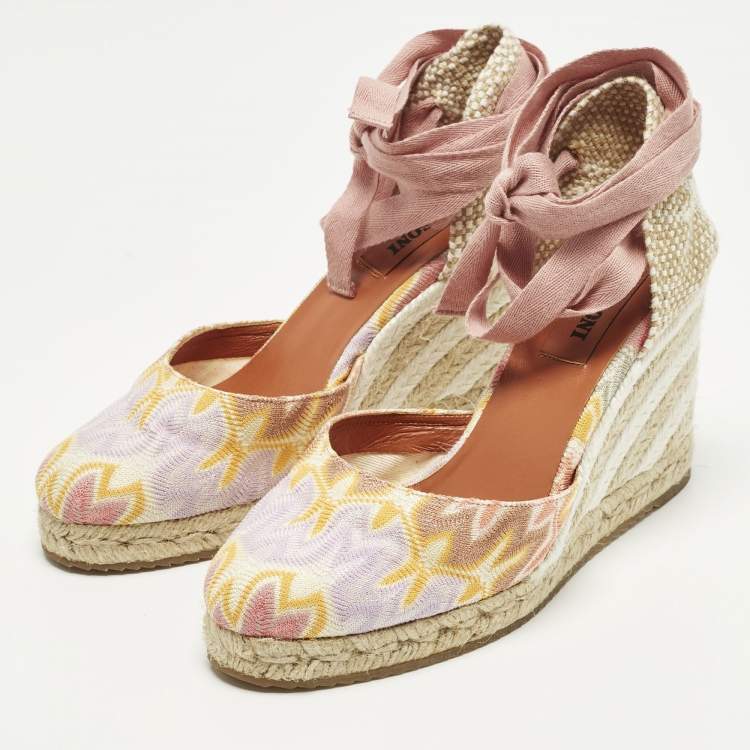 Pre Owned Missoni Size 36 Multicolor Fabric Wedge Ankle Wrap Espadrille Sandals