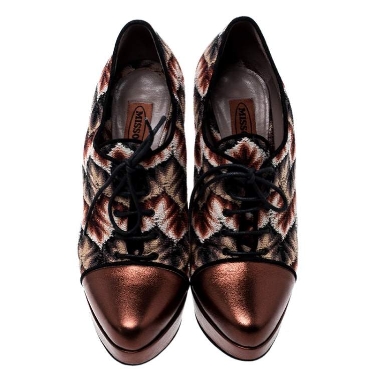 Pre Owned Missoni Multicolor Patterned Knit and Metallic Leather Platform Lace Up Ankle Booties Size 37.5