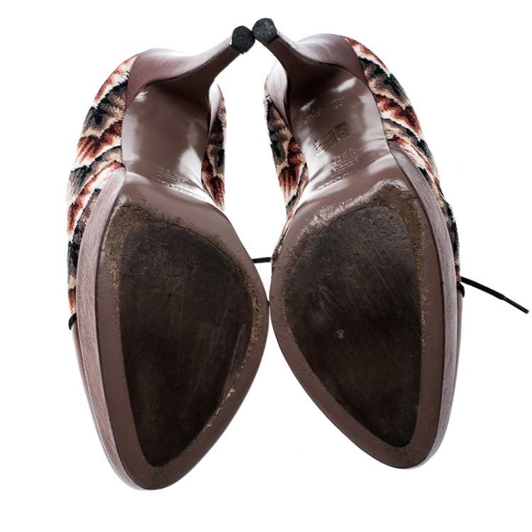 Pre Owned Missoni Multicolor Patterned Knit and Metallic Leather Platform Lace Up Ankle Booties Size 37.5
