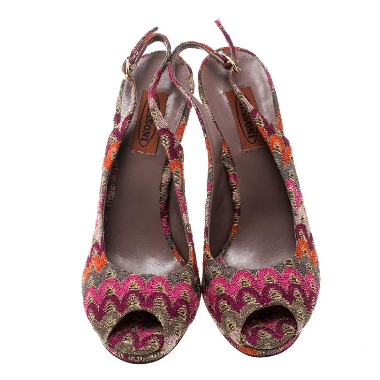 Pre Owned Missoni Multicolor Patterend Fabric Peep Toe Slingback Sandals Size 38