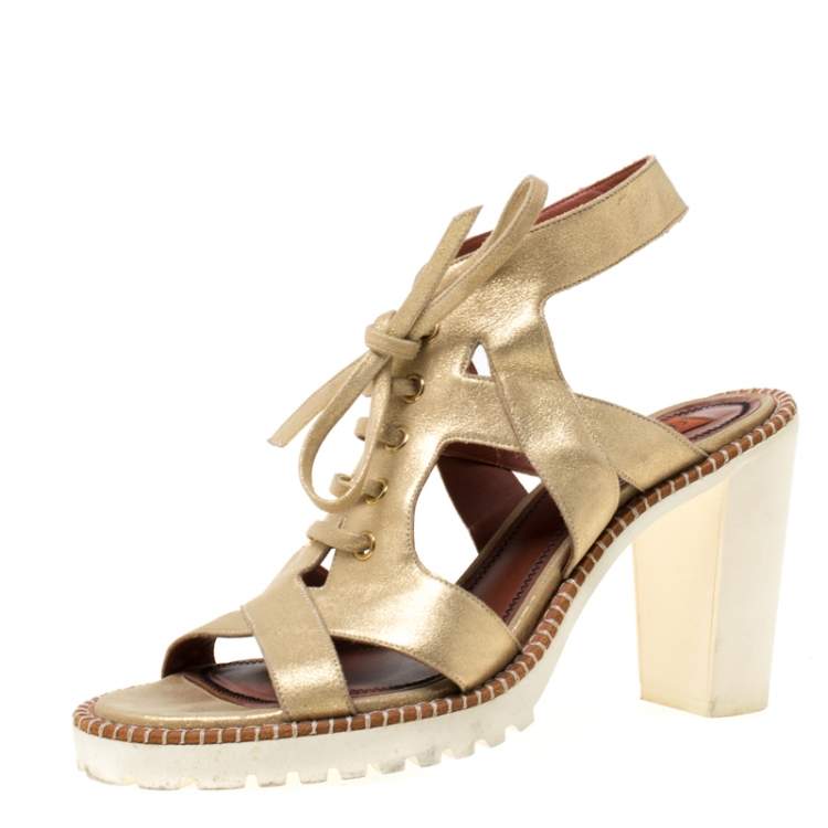 Pre Owned Missoni Metallic Gold Suede Cut Out  Lace Up Sandals Size 39