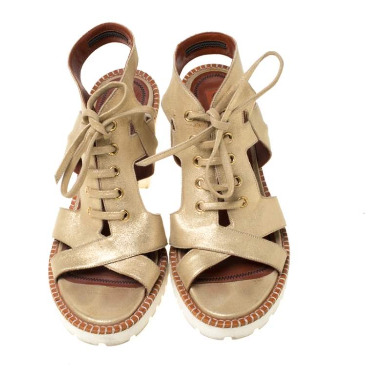 Pre Owned Missoni Metallic Gold Suede Cut Out  Lace Up Sandals Size 39
