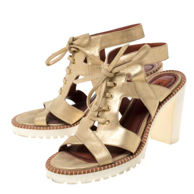Pre Owned Missoni Metallic Gold Suede Cut Out  Lace Up Sandals Size 39