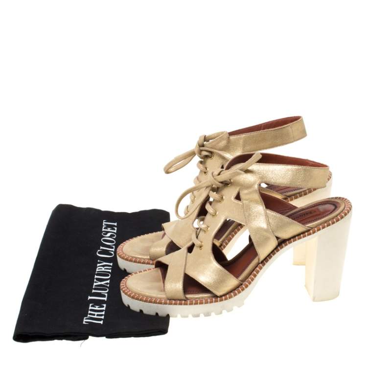 Pre Owned Missoni Metallic Gold Suede Cut Out  Lace Up Sandals Size 39