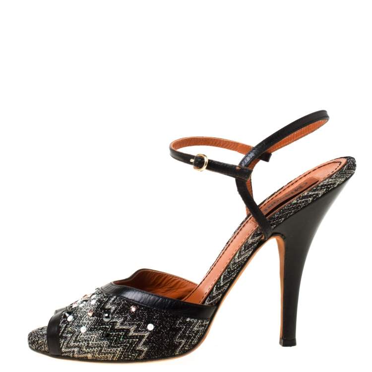 Pre Owned Missoni Black Embellished Patterned Knit Ankle Strap Sandals Size 40