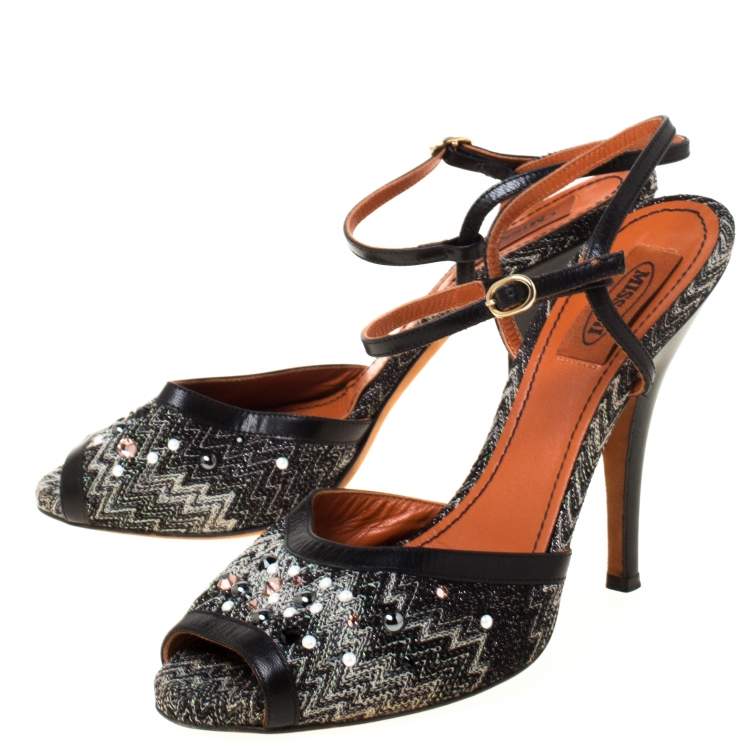 Pre Owned Missoni Black Embellished Patterned Knit Ankle Strap Sandals Size 40