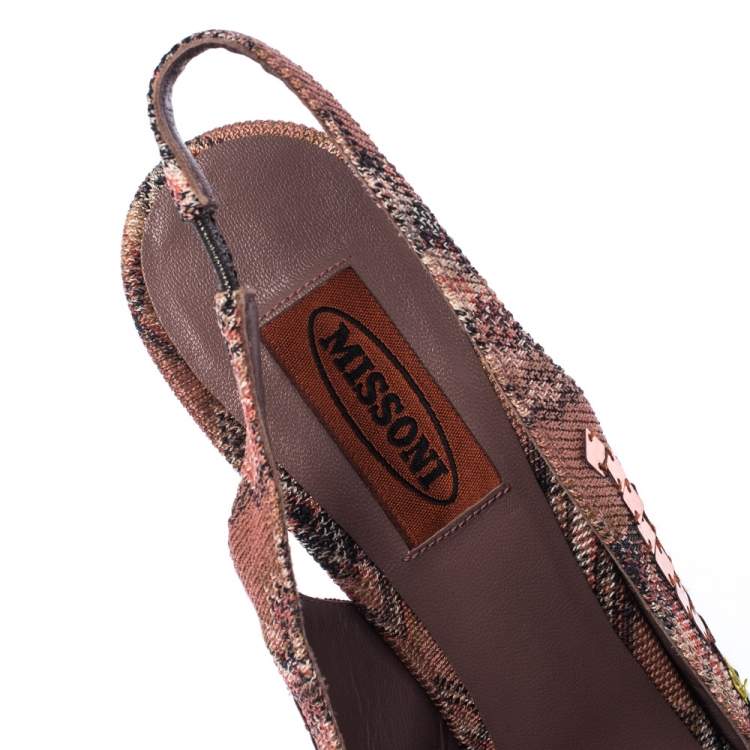 Pre Owned Missoni Multicolor Knit Fabric Embellished Peep Toe Platform Slingback Sandals Size 37.5