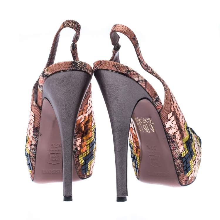 Pre Owned Missoni Multicolor Knit Fabric Embellished Peep Toe Platform Slingback Sandals Size 37.5