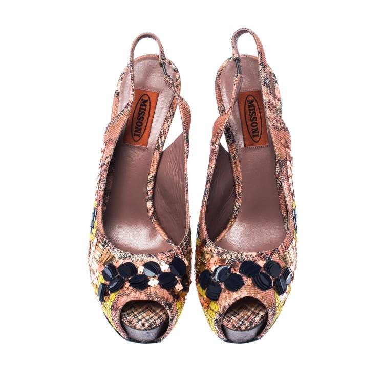 Pre Owned Missoni Multicolor Knit Fabric Embellished Peep Toe Platform Slingback Sandals Size 37.5