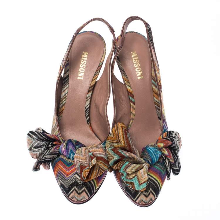 Pre Owned Missoni Multicolor Knit Fabric Bow Slingback Sandals Size 36.5