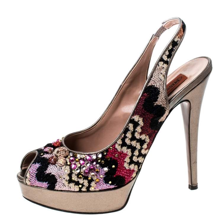 Pre Owned Missoni Multicolor Fabric Embellished Slingabck Peep Toe Platfrom Sandals Size 40