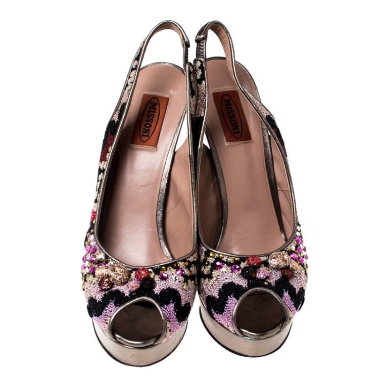 Pre Owned Missoni Multicolor Fabric Embellished Slingabck Peep Toe Platfrom Sandals Size 40