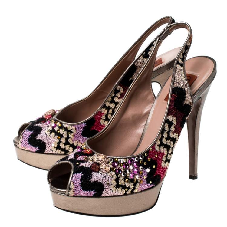 Pre Owned Missoni Multicolor Fabric Embellished Slingabck Peep Toe Platfrom Sandals Size 40