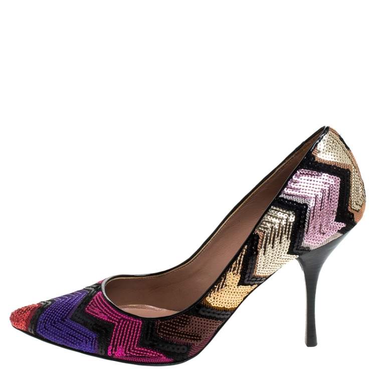 Pre Owned Missoni Multicolor Zigzag Sequins Pointed Toe Pumps Size 37.5