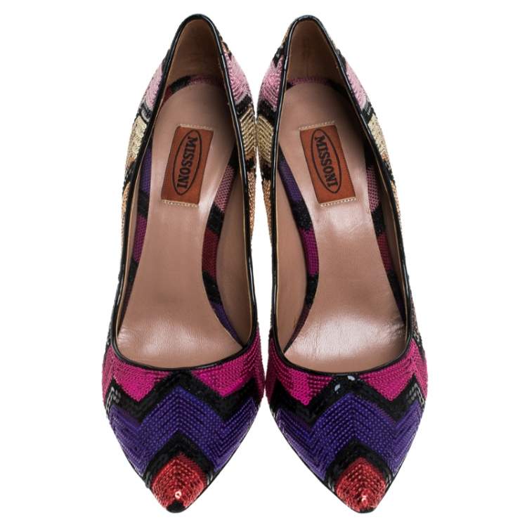 Pre Owned Missoni Multicolor Zigzag Sequins Pointed Toe Pumps Size 37.5
