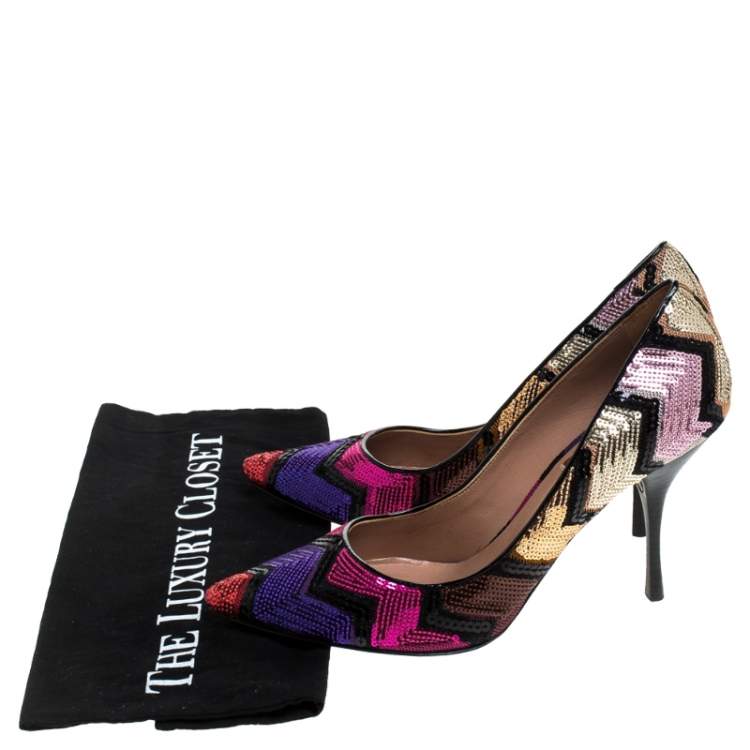 Pre Owned Missoni Multicolor Zigzag Sequins Pointed Toe Pumps Size 37.5