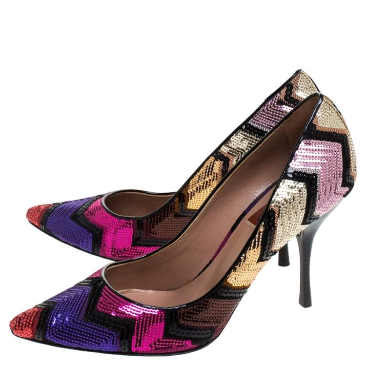 Pre Owned Missoni Multicolor Zigzag Sequins Pointed Toe Pumps Size 37.5