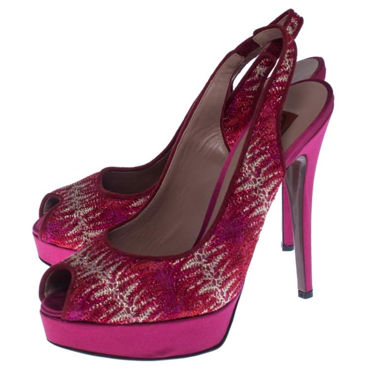 Pre Owned Missoni Pink Lace And Satin Peep Toe Slingback Platform Sandals Size 39