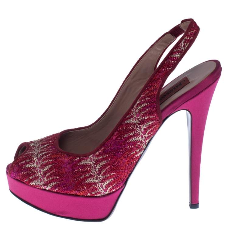 Pre Owned Missoni Pink Lace And Satin Peep Toe Slingback Platform Sandals Size 39