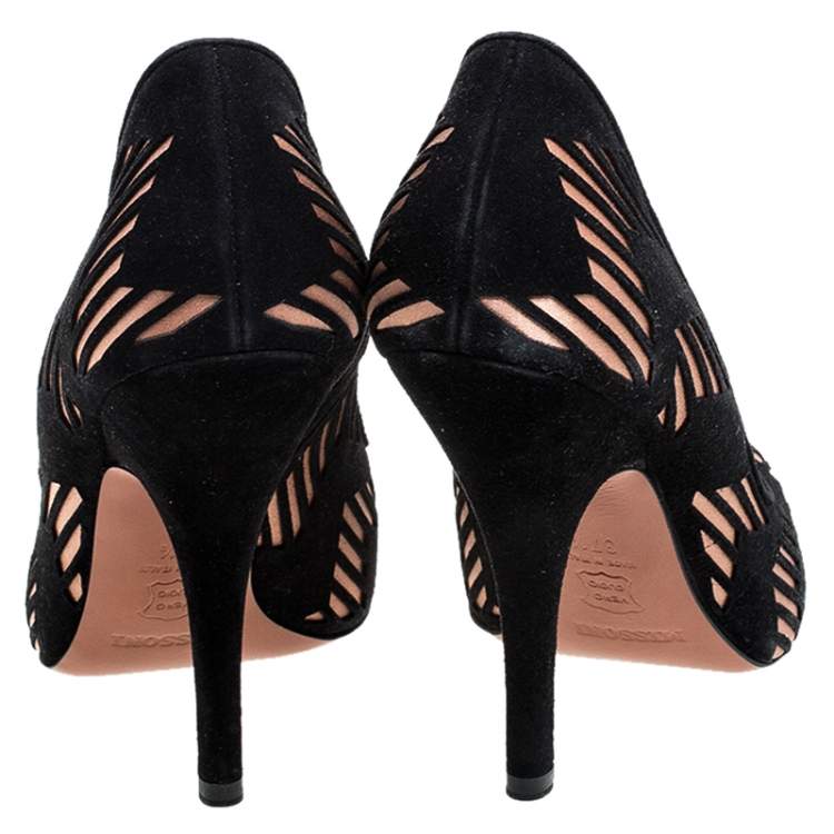 Pre Owned Missoni Black Laser Cut Suede And Pink Satin Round Toe Pumps Size 37.5