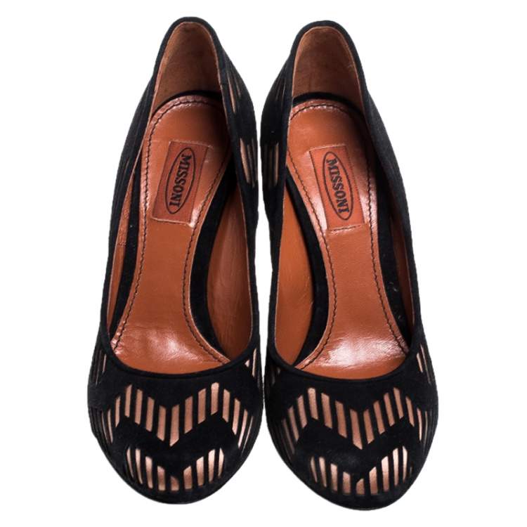 Pre Owned Missoni Black Laser Cut Suede And Pink Satin Round Toe Pumps Size 37.5