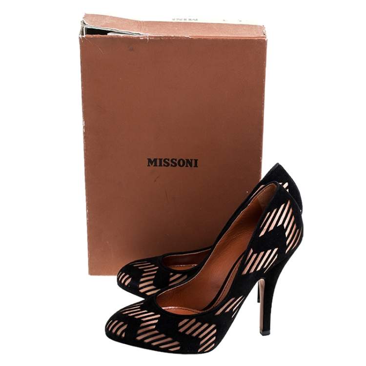 Pre Owned Missoni Black Laser Cut Suede And Pink Satin Round Toe Pumps Size 37.5