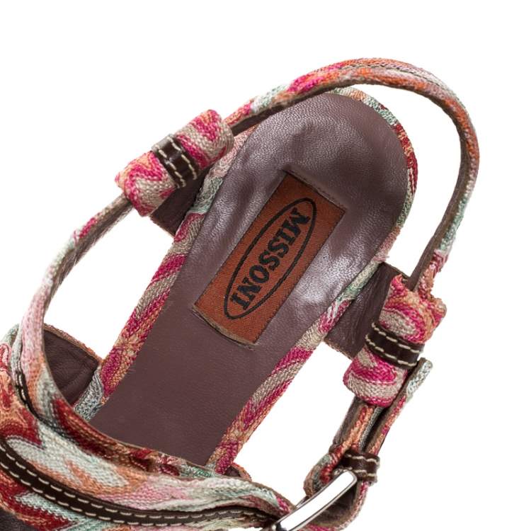 Pre Owned Missoni Multicolor Crochet Fabric And Leather Trim Ankle Strap Platform Sandals Size 38
