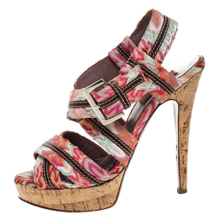 Pre Owned Missoni Multicolor Crochet Fabric And Leather Trim Ankle Strap Platform Sandals Size 38