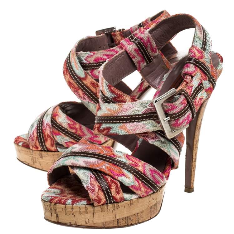Pre Owned Missoni Multicolor Crochet Fabric And Leather Trim Ankle Strap Platform Sandals Size 38