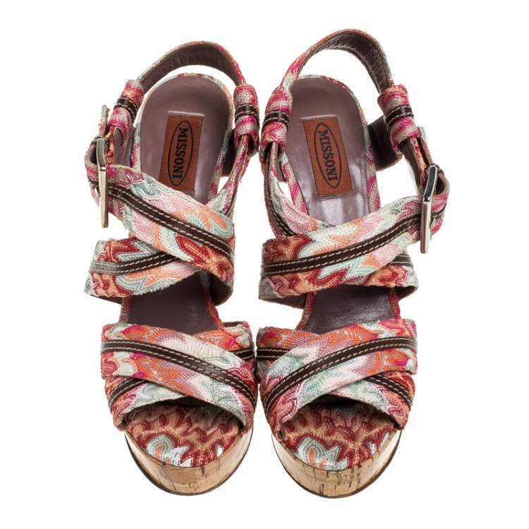 Pre Owned Missoni Multicolor Crochet Fabric And Leather Trim Ankle Strap Platform Sandals Size 38