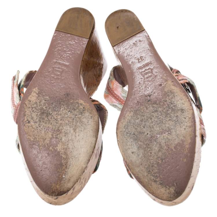 Pre Owned Missoni Multicolor Crochet Fabric And Leather Cork Wedge Slingback Sandals Size 37