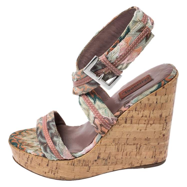 Pre Owned Missoni Multicolor Crochet Fabric And Leather Cork Wedge Slingback Sandals Size 37