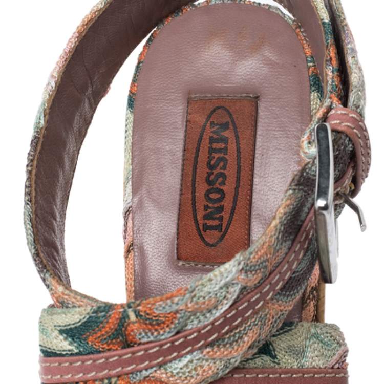 Pre Owned Missoni Multicolor Crochet Fabric And Leather Cork Wedge Slingback Sandals Size 37