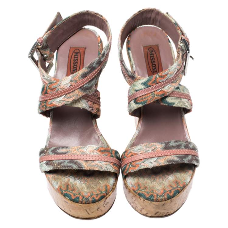 Pre Owned Missoni Multicolor Crochet Fabric And Leather Cork Wedge Slingback Sandals Size 37