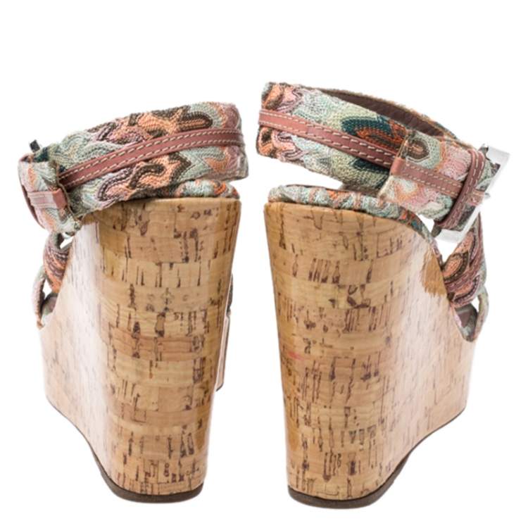 Pre Owned Missoni Multicolor Crochet Fabric And Leather Cork Wedge Slingback Sandals Size 37