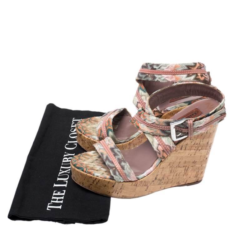 Pre Owned Missoni Multicolor Crochet Fabric And Leather Cork Wedge Slingback Sandals Size 37