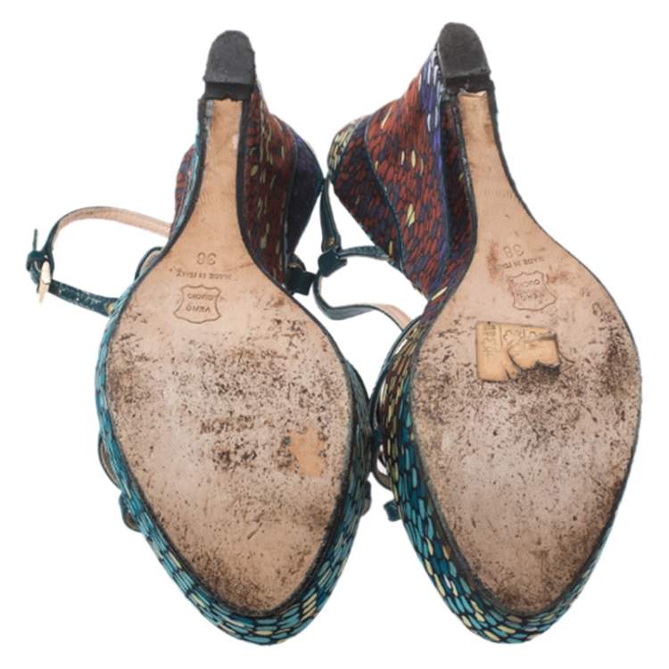 Pre Owned Missoni Green Leather Platform Ankle Strap Sandals Size 38