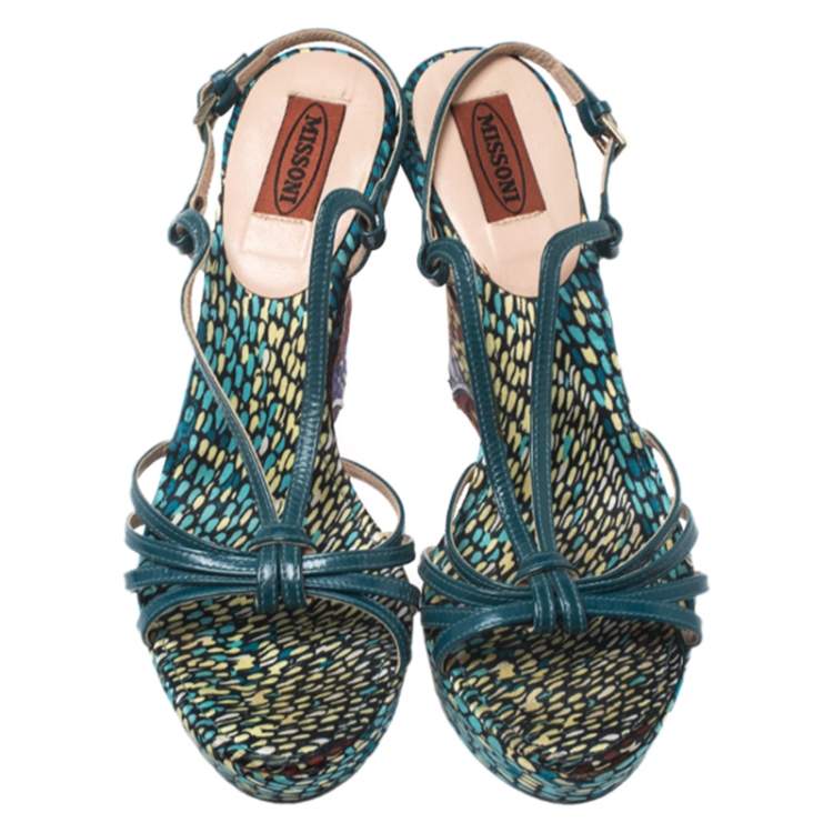 Pre Owned Missoni Green Leather Platform Ankle Strap Sandals Size 38
