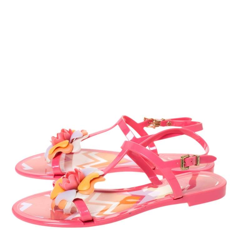 Pre Owned Missoni Peach Jelly Flower Embellished Ankle Strap Flats Size 38