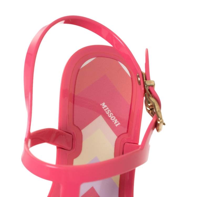Pre Owned Missoni Peach Jelly Flower Embellished Ankle Strap Flats Size 38