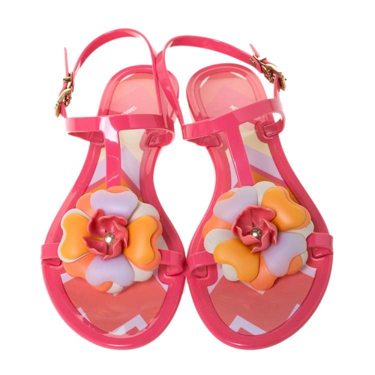 Pre Owned Missoni Peach Jelly Flower Embellished Ankle Strap Flats Size 38