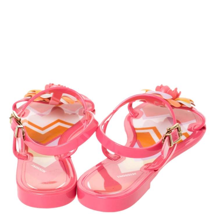 Pre Owned Missoni Peach Jelly Flower Embellished Ankle Strap Flats Size 38