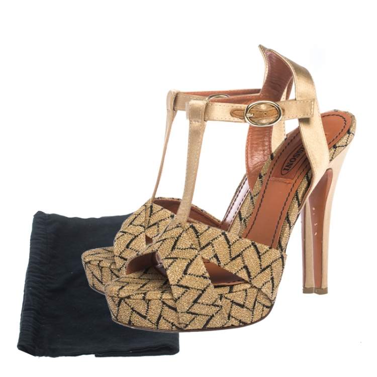 Pre Owned Missoni Gold/Black Knit Fabric And Satin T-Strap Platform Sandals Size 36