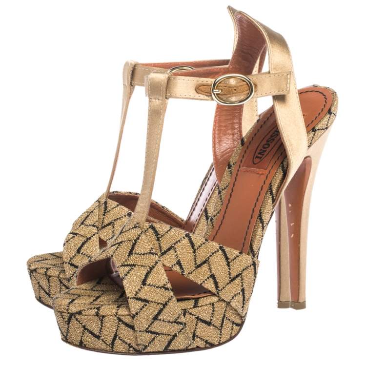 Pre Owned Missoni Gold/Black Knit Fabric And Satin T-Strap Platform Sandals Size 36