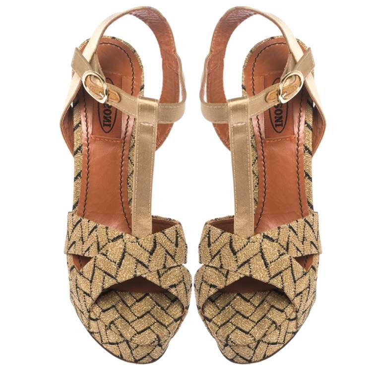 Pre Owned Missoni Gold/Black Knit Fabric And Satin T-Strap Platform Sandals Size 36