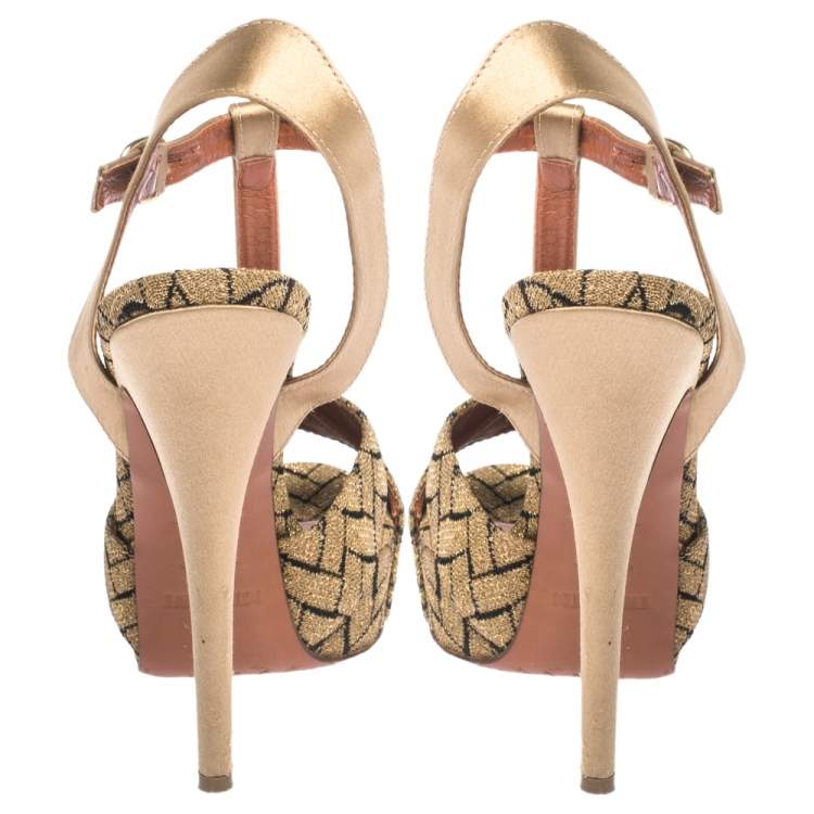 Pre Owned Missoni Gold/Black Knit Fabric And Satin T-Strap Platform Sandals Size 36