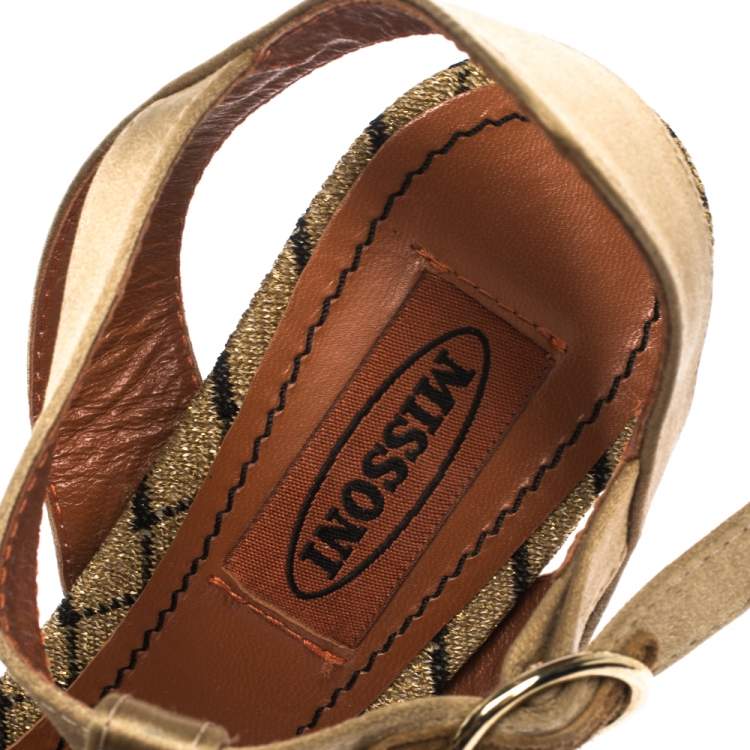 Pre Owned Missoni Gold/Black Knit Fabric And Satin T-Strap Platform Sandals Size 36