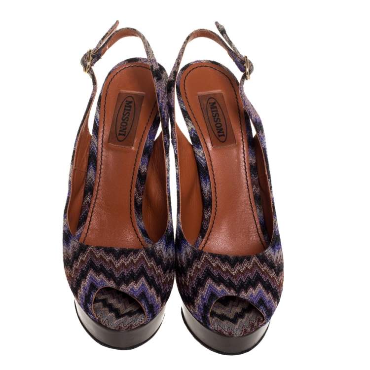 Pre Owned Missoni Multicolor Knit Fabric Platform Peep Toe Slingback Sandals Size 39