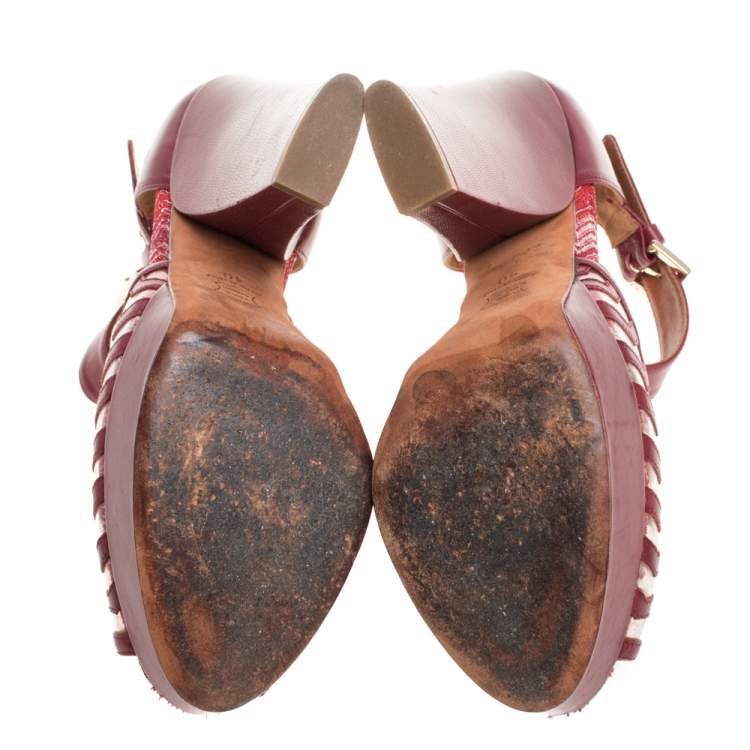 Pre Owned Missoni Maroon Leather And PVC Ankle Strap Platform Peep Toe Sandals Size 40