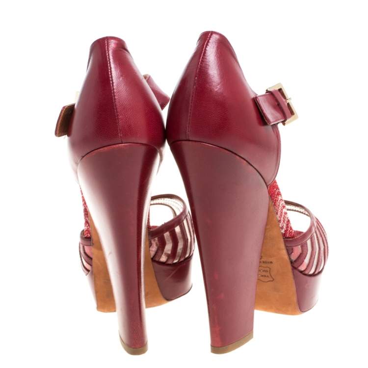 Pre Owned Missoni Maroon Leather And PVC Ankle Strap Platform Peep Toe Sandals Size 40